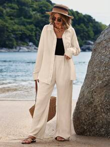 SHEIN VCAY 純色垂墜肩設計長袖襯衫和褲子套裝 - 杏色 - 查看 8