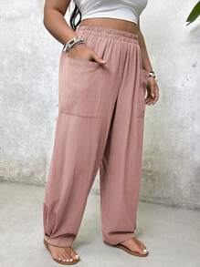 SHEIN VCAY Quần dài đến mắt cá chân có túi viền rộng cỡ lớn - Màu Hồng baby - Xem 4