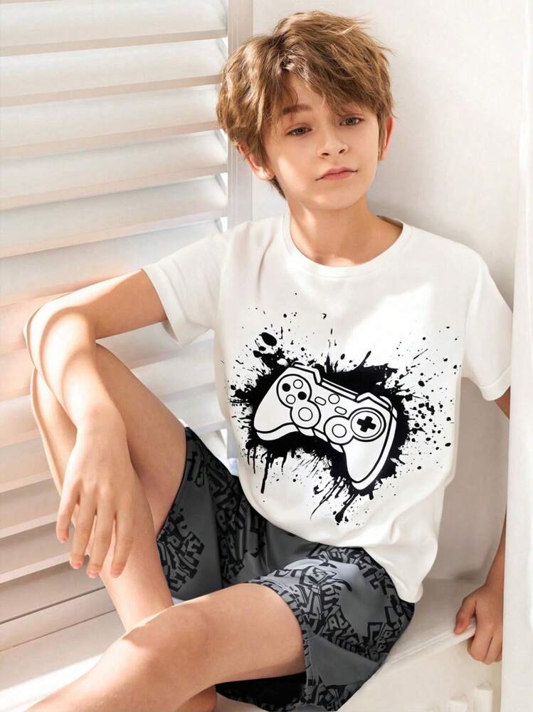 SHEIN Tween Boy Graphic And Ink Splatter Print Top & Shorts PJ Set - Multicolor - View 5