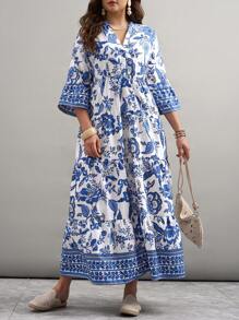 Freevana Plus Size Women's Blue And White Porcelain Print Dress Floral Print V Neck Trumpet Sleeve Maxi Dress, Vacation/Women's Dress/Women's Summer Clothing/Women's Vacation Clothing Women's Summer Clothing Elegant Vacation Clothing Women's/Bohemian Women's Clothing/Cress Long Vacation Dress, Maxi Dress Outdoor Daily Wear Essential Sundress Women's Vacation Clothing Women's Bohemian/Bohemian Dress