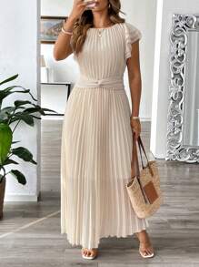 SHEIN Clasi Plus Size Women Elegant Solid Color Pleated Twist Long Dress - Khaki - View 3