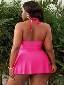 SHEIN Swim Curve Plus Size Women 2 Pieces Solid Color Swimwear, Removable Padded Halter Neck Hollow Out High Waisted Swimdress & Briefs, Elegant Casual Vacation Beach Slimming For Summer - Hot Pink - View 2