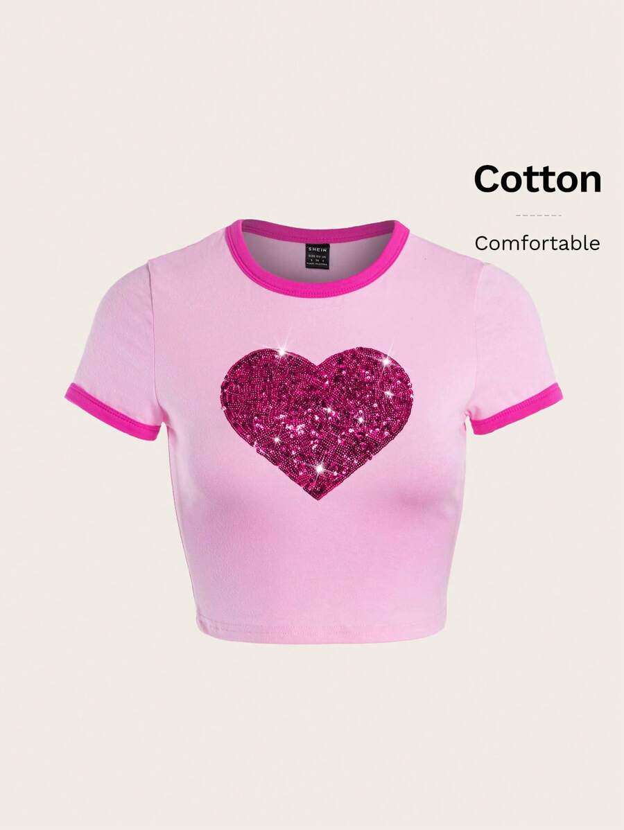 Sweetina Camiseta corta tipo ringer con borde de contraste y estampado de corazón en color rosa - Rosa - Ver 1