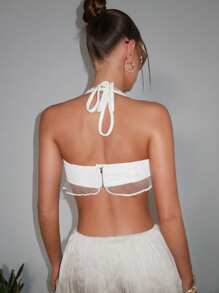 SHEIN ICON Áo yếm cổ yếm bèo nhún nơ thắt nơ - trắng - Xem 3