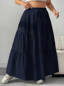 SHEIN EZwear 大码女式纯色系腰荷叶边下摆长款休闲中长裙 - 藏蓝色 - 查看 3