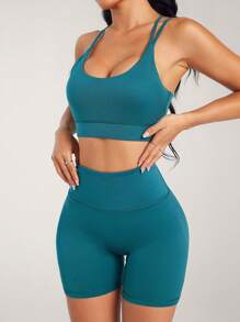 Hanevo Women Professional Sport 3-Piece Set: Solid Color Tank Top & Shorts Sportwear For Daily Wear - Dark Green - View 6
