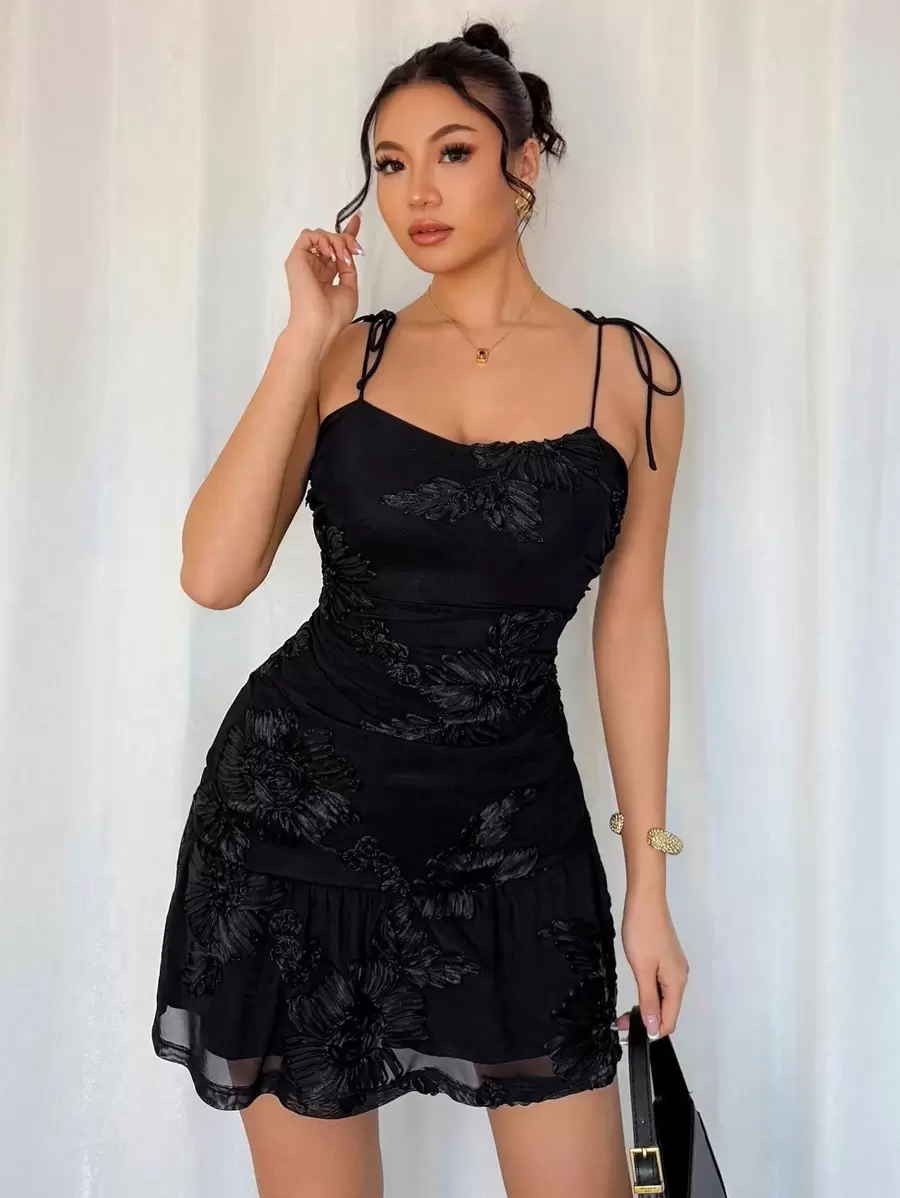 Elenzga Damen neue hochwertige elegante exquisite bestickte Netz-Mehrschichtiges Ärmellos Eng anliegendes Gerafftes Taillenschnürung Mini-Kleid mit Rüschensaum, Sexy, elegant, raffiniert für Party, Bankett - Schwarz - Übersicht 1