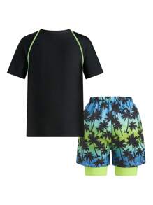 SHEIN 2pcs/Set Kids Tween Boy Casual Sports Solid Color Crew Neck Fitted Rash Guard And Print Beach Shorts Swimsuit Set