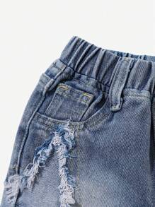 Denimly 幼儿男童时尚休闲户外校园星星拼接松紧腰洗水牛仔短裤 - 中等水洗藍 - 查看 6