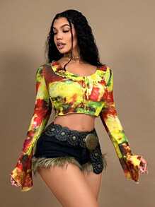 SHEIN SXY Woman Yellow Tie-Dye Printed Patchwork Bell Sleeve Cropped Blouse,Boho Autumn Summer Tops,Western Wear Club Music Festival Rave Gyaru - Multicolor - View 5