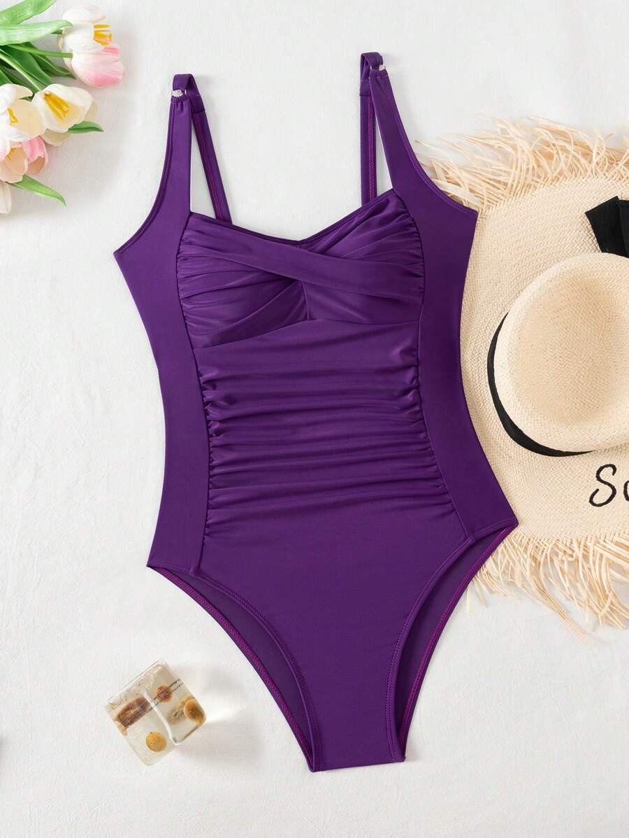 SHEIN Swim 1pc Women's Crossover Ruched Front One-Piece Swimsuit, Beach Holiday Bikini - Purple - View 1