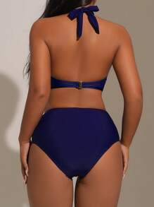 Swim Lushoire 女性夏季沙灘假期露背領簡約時尚比基尼套裝 - 藏蓝色 - 查看 2