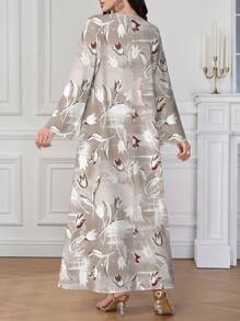 Al Najma Elegant Vintage Floral Placement Print V-Neck Dress For Women,Modest