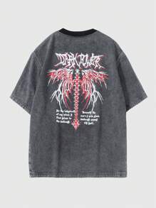 ROMWE MEN Street Life Men's Prep Letter Print Loose Fit Round Neck Short Sleeve Denim Top - Black - View 2