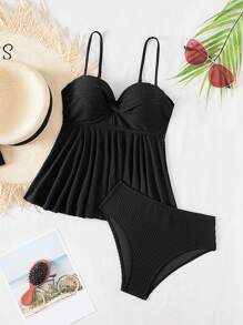 SHEIN 2pcs/Set Women's Textured Fabric Solid Color Spaghetti Strap Ruffle Hem Camisole & Tankini Swimwear Set, Summer Beachwear