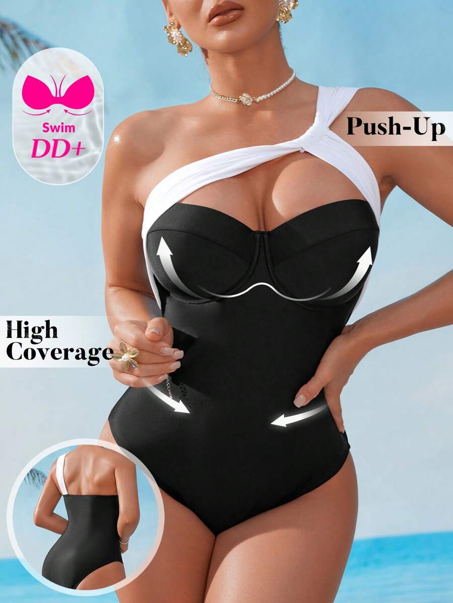 Swim DD+ Women's One-Piece Contrast Color Padded Wire Bra Push-Up Slimming Beach One Piece Swimsuit For Summer Beach Vacation - Black and White - View 1