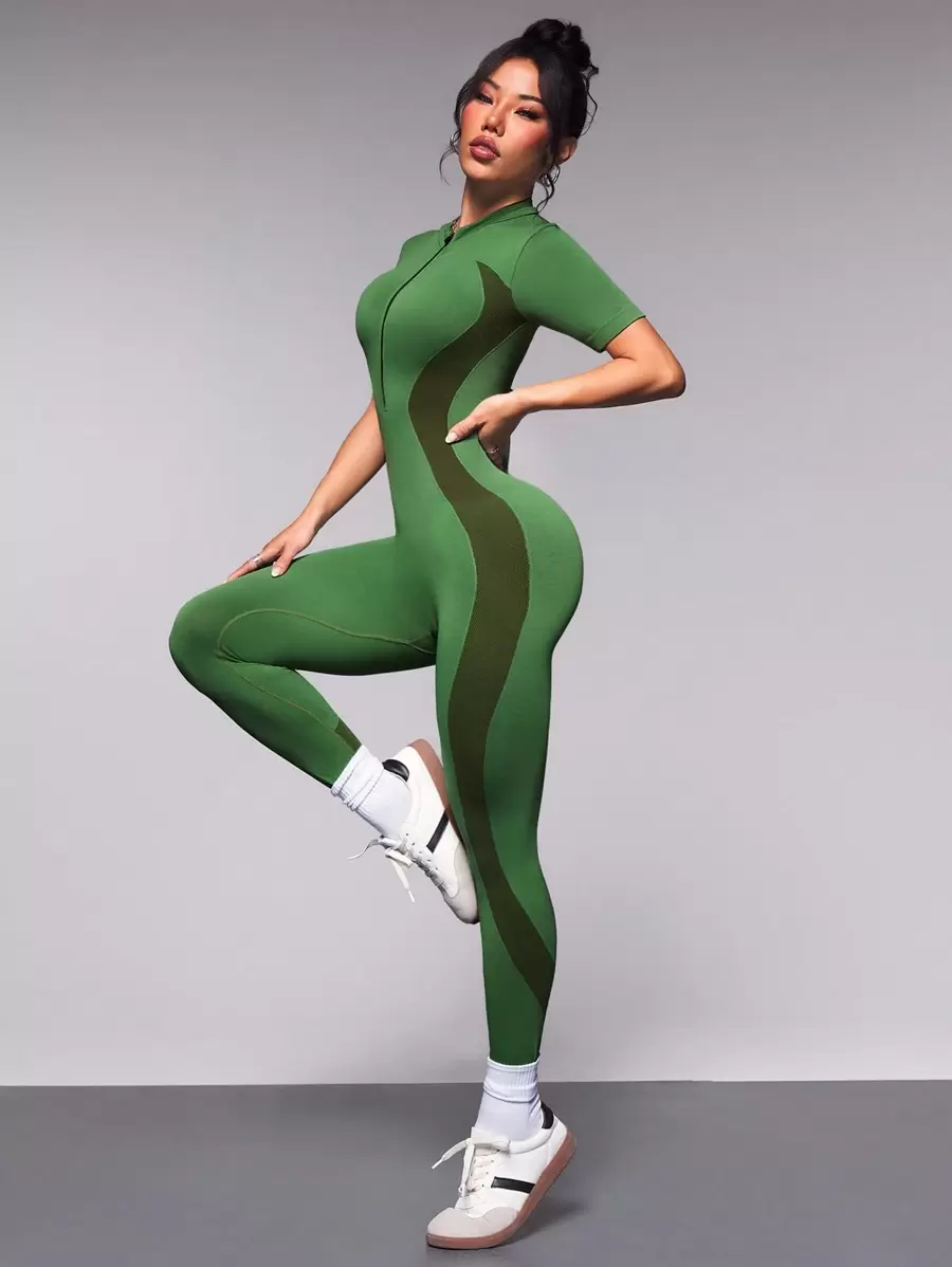 Gameset SHEIN Sport Salopetă cu mânecă scurtă cu fermoar în față pentru femei de culoare contrastantă, fitness zilnic în aer liber - Verde - Vizualizare 1