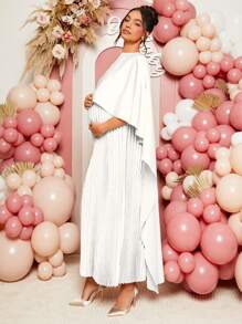 Loomaby Elegant Solid Color Pleated Shawl Maternity Dress For Party - White - View 2