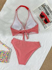 SHEIN Conjunto de 2 piezas de traje de baño para adolescentes con escote de corbata, corte lateral y estampado rojo a cuadros para vacaciones en la playa, trajes de baño de 2 piezas, bikinis para adolescentes, trajes de baño de 2 piezas para niñas