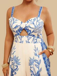 Travachic Plus Size Women Holiday Casual Blue Tropical Retro Print Front Twist Hollow Spaghetti Strap Long Jumpsuits With Pockets - Blue - View 5