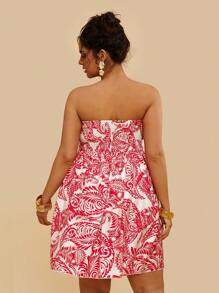 Travachic Tropical Plus Size Casual Vacation Red Floral Print Tube Top Mini Beach Dress,Beach Dress Sundress,Holiday Outfits Boho