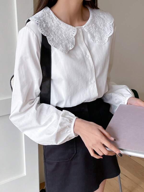DAZY Lantern Sleeve Eyelet Embroidered Statement Collar Blouse,Long Sleeve Tops,Fall Clothes