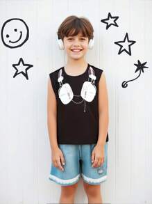 SHEIN 2pcs/Set Young Boy Headphones Print Tank Top And Denim Effect Shorts