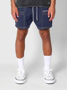 SUMWON Athletic Drop Crotch Shorts With Contrast Stitching, Drawstring Waist, Summer Beach Sport Lounge Casual Basketball Running Training Workout Shorts - Navy Blue - View 1