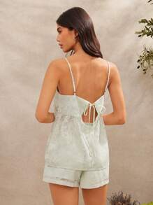 WESTFADE Ensemble assorti de style cowgirl western, Top babydoll à dos coupé, à col carré, avec volants et nœud papillon, en viscose brûlée florale, semi-transparent, et short taille haute décontracté coupe A. Deux pièces pour femme, tenue d'été, de plage, printemps ou vacances