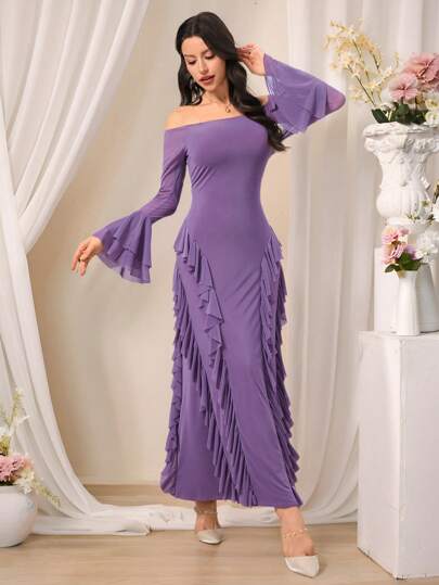 Modelyn Lotus Leaf Translation Romantic And Elegant Translation Women's Solid Color Off Shoulder Long Sleeve Mesh Patchwork Casual Extra Long Dress