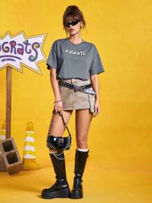 Nick 90s | SHEIN Women Casual Cute Cartoon Graphic Short Sleeve Grey Oversized T-Shirt, Summer Tee - Grey - View 4