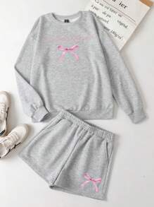 Slaydiva 2 pièces/ensemble Top ample à manches longues col rond avec motif lettres et nœud, convient pour le printemps et l'automne