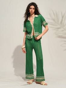 Arave Women's Fashionable Casual & Holiday Style Wave Hollow-Out Contrast Color Polo Collar Short Sleeve Top And Wide Leg Pants Set, Spring/Summer,Sets For Women,Summer Outfits For Women,Two Pieces Set Women,Green Set,Vacation Outfits Woman,Two Pieces Set Women