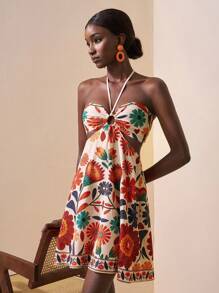 Slaydiva New Spring And Summer Casual Vacation Halterneck Straps, Front Center Ring, Hollow Backless A-Swing Umbrella Skirt, Apricot Bottom, Orange Flower All-Over Print Women's Mini Dress - Multicolor - View 4