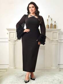 Modelyn Plus Size Women's V-Neck Rhinestone Crossed Design Puff Sleeve Elegant Dress
