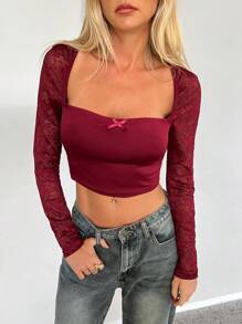 Aloruh Women's Spring Tops Elegant Fashion Business Commuting Casual Street Daily Wear Solid Color Knitted T-Shirt Simple Basic Style Wine Red T-Shirt Angora Red Lace Stitching Tops Translucent Long Sleeves Square Neck T-Shirts Going Out Tops,Business Casual Woman ,Modest,Office Outfits For Women,Work Tops
