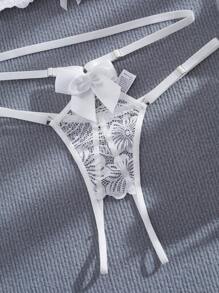 Conjunto de lencería sexy de 3 piezas para mujer, incluye sostén con aros y diseño de collar y moño de encaje, y tanga