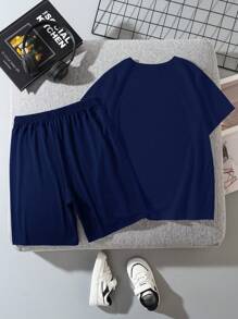 SHEIN 2pcs Tween Boys Casual Minimalist Round Neck Short Sleeve Shorts Set, Summer Outfit