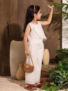 SHEIN 2pcs Set: Young Girl Embroidered Ruffle Hem Sleeveless Top And Pants - White - View 7