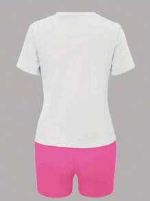 SHEIN 2pcs Plus Size Casual Simple Style Short Sleeve T-Shirt Set, Suitable For Summer - Hot Pink - View 2