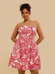 Travachic Tropical Plus Size Casual Vacation Red Floral Print Tube Top Mini Beach Dress,Beach Dress Sundress,Holiday Outfits Boho