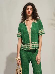 Arave Women's Fashionable Casual & Holiday Style Wave Hollow-Out Contrast Color Polo Collar Short Sleeve Top And Wide Leg Pants Set, Spring/Summer,Sets For Women,Summer Outfits For Women,Two Pieces Set Women,Green Set,Vacation Outfits Woman,Two Pieces Set Women