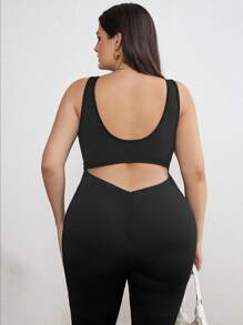 SHEIN Tall CURVE Plus Solid Color Hollow Out Flare Skinny Jumpsuit - Black - View 5