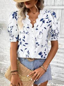 SHEIN LUNE Women Casual Floral Print Ruffle Trim Short Sleeve Blouse