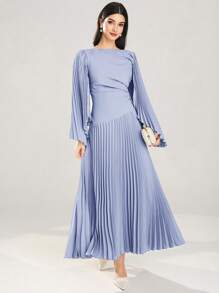 Modelyn Women's Elegant Solid Color Pleated Long Dress - Blue - View 3
