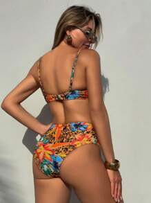 SHEIN Women Summer Floral & Animal Print Spaghetti Strap Top And High Waist Bikini Swimwear 2 Pieces Set Beachwear Outfits - Multicolor - View 2