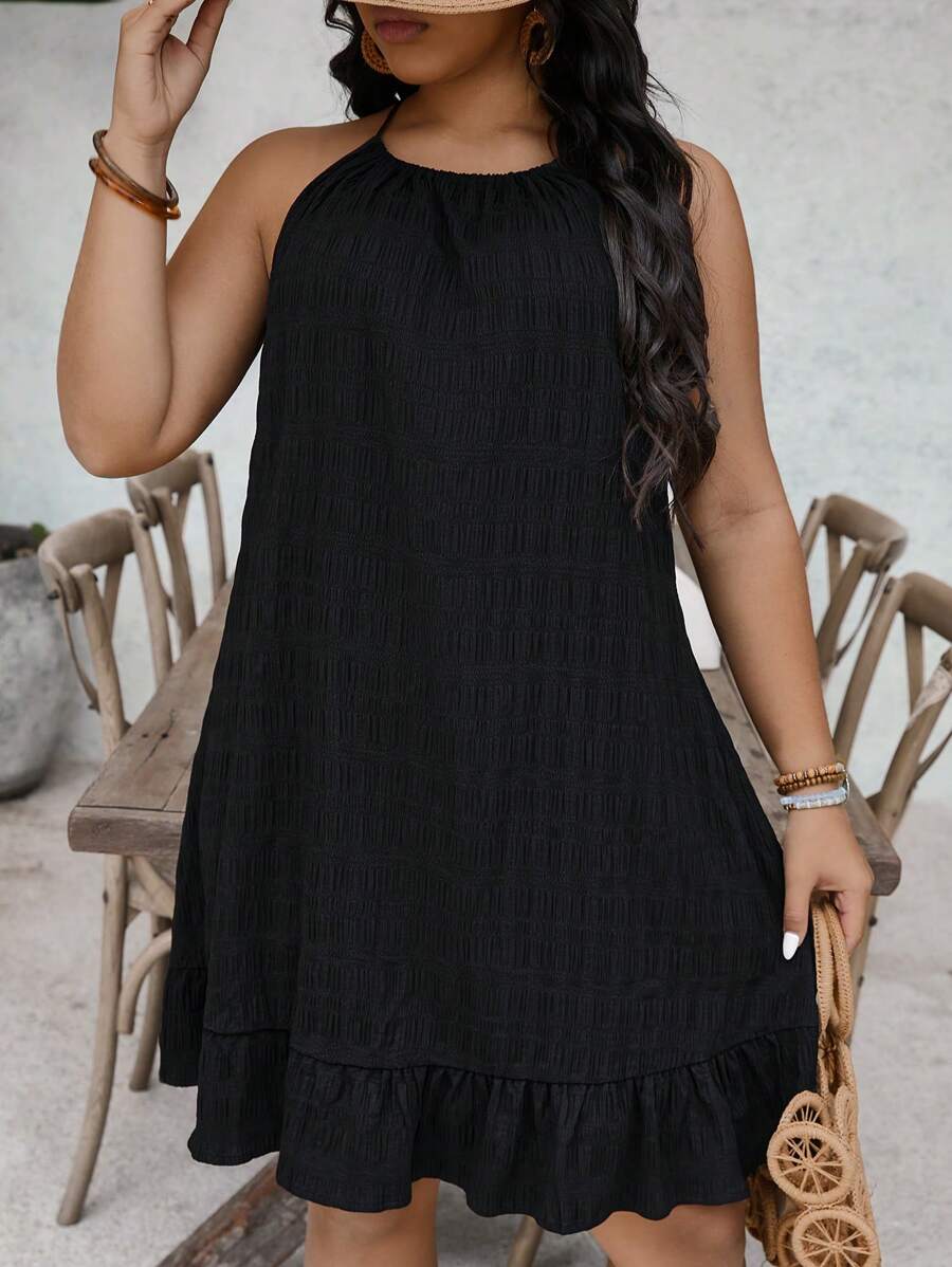 SHEIN VCAY 大码女式纯色荷叶边下摆休闲吊带背心连衣裙 - 彩色 - 查看 1