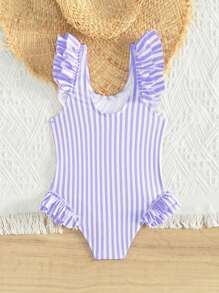 SHEIN Young Girl Swimsuit/Random Stripe/Ruffled Unlined/One-Piece Swimwear - Multicolor - View 2