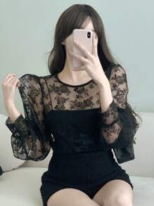 DAZY Áo cánh cổ tròn tay dài lưới rộng rãi cho nữ mùa hè - màu đen - Xem 5