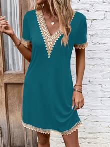 SHEIN LUNE Damen Lässig Kleid mit V-Ausschnitt und Kontrast-Spitzenärmeln